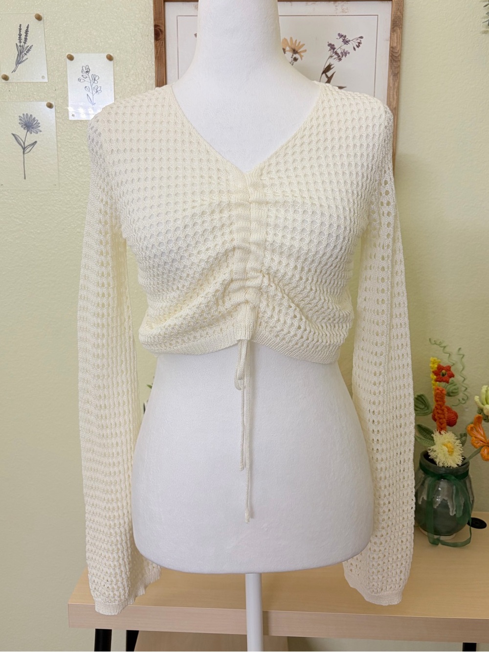 Alessandro Pacucci Ivory Open Knit Tie Front Ruched Bell Sleeve Crop Sweater S